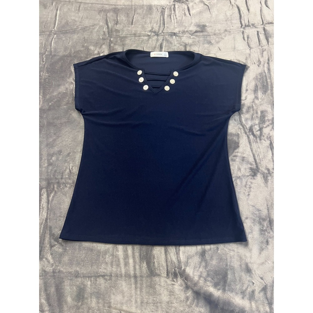 89th & Madison Blouse Top Womens Small Petite Blue Stretch Split Neck Cap Sleeve